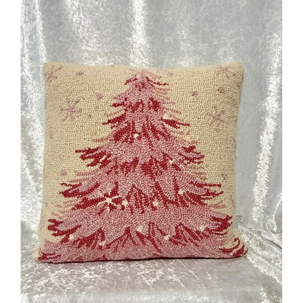 Peking Handicraft Pink Christmas Tree Hand Hooked Wool Pillow Velvet Back 18x18